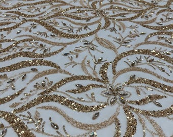 Gold Beaded Lace Fabric with Sequins & Crystals | Luxury Bridal Embroidered Mesh Lace | Couture Fabric by the Yard