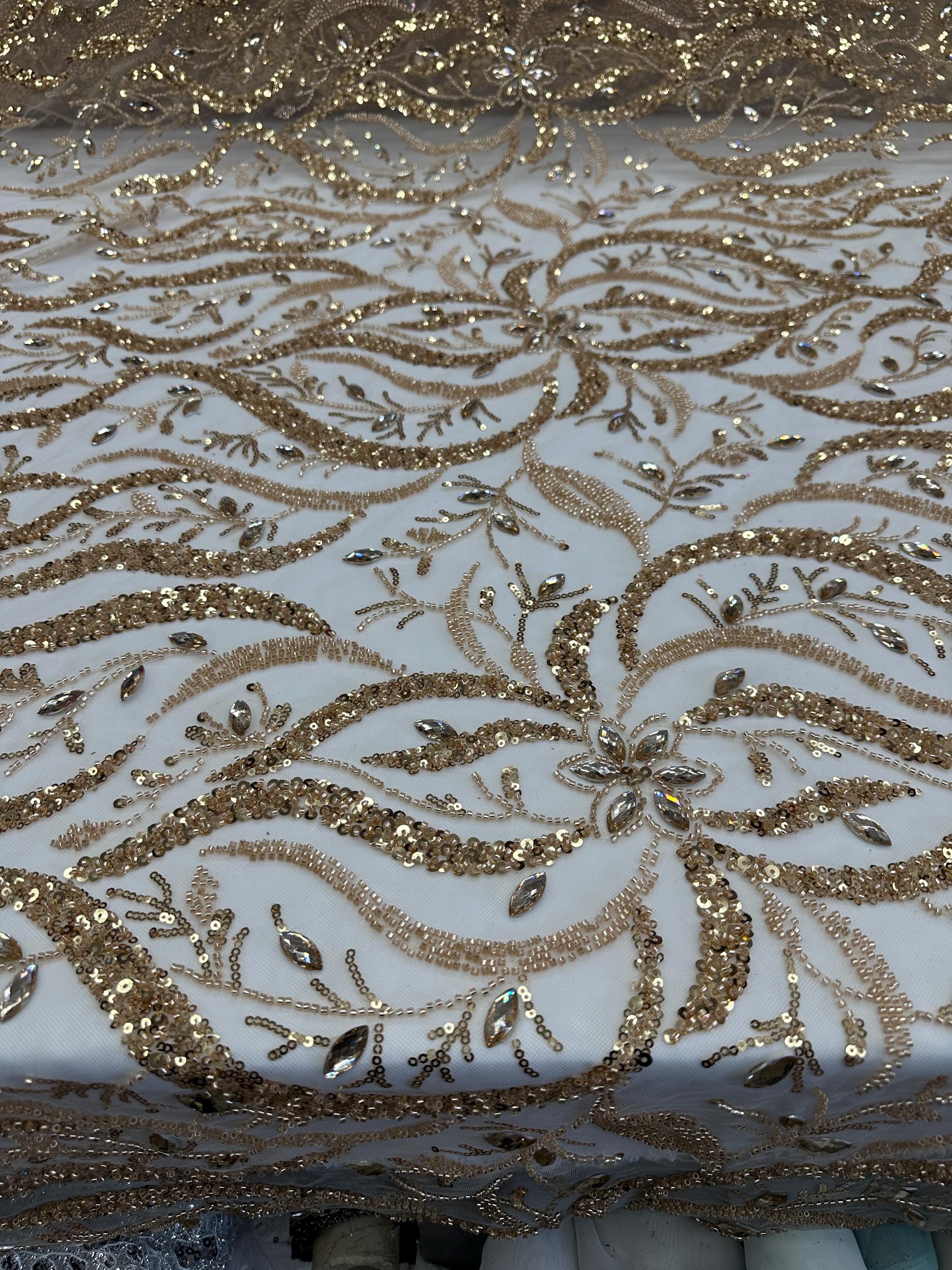 1M Brillant Noir Maille Doré Cordon Brodé Tissu Dentelle