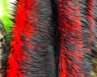 Black & Red Faux Fur Fabric by the Yard – Long Pile Two Tone Shag Fur – Luxury Costume Cosplay Jacket Coat Halloween Fabric