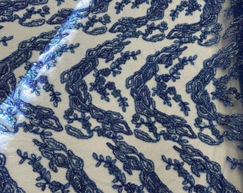 Purple Beaded Lace Fabric, Luxury Embroidered Mesh Lace with Sequins, Floral Bridal Lace by the Yard, Evening Dress Fabric