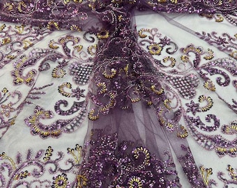 Purple Gold Beaded Lace Fabric, Sequin Embroidered Tulle Evening Dress Bridal Couture