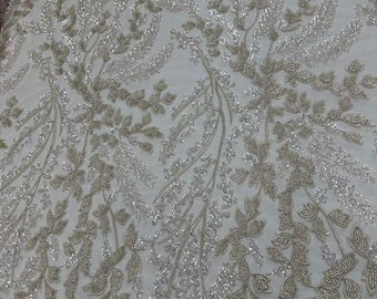 Ivory Champagne Beaded Lace Fabric Sequin Embroidered Floral Vine, Bridal Gown