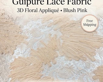 Blush Pink Guipure Lace Fabric by the Yard | 3D Floral Applique Couture Bridal Material | Evening Gown Wedding Dress Sewing 54" Wide