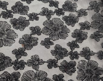 Zwarte gebloemde kantstof – doorzichtig mesh geborduurd kant op maat gesneden – elegante avondjurkkant – bruids- en formele stof – 60” breed