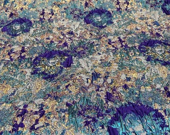 Luxury Teal Purple Gold Brocade Fabric | Abstract Floral Metallic Jacquard | Couture Dress Upholstery Fabric