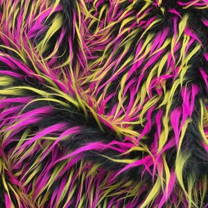 May include: Close-up of a vibrant faux fur fabric with a shaggy texture. The fur features a mix of black, bright pink, and yellow strands, creating a bold and colorful pattern. This material is suitable for various craft and design projects.