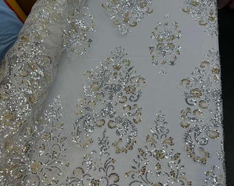 Tela de encaje de tul con lentejuelas blancas bordadas, cortada a medida para vestidos de novia de alta costura.