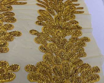 Gold Beaded Rhinestone Lace Panel Embroidered Applique