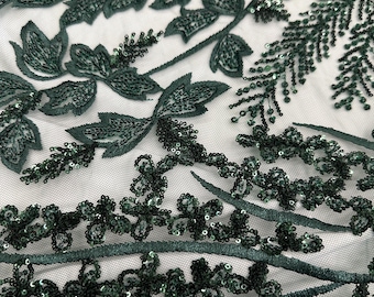 Emerald Green Beaded Lace Fabric, Sequin Embroidered Floral Vine Bridal Gown