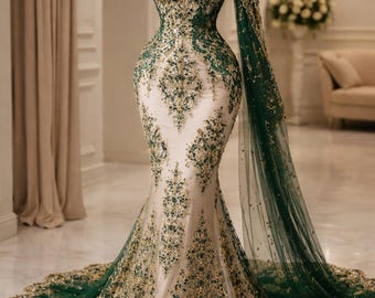Emerald Green Gold Beaded Lace Fabric Luxury Floral Tulle Couture Evening Bridal By Yard