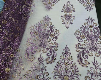 Tela de encaje de tul con lentejuelas bordadas en color morado, cortada a medida para vestidos de novia y de noche.