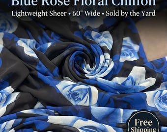 Blue Rose Floral Chiffon Fabric by Yard | Sheer Lightweight Black Floral Dress Fabric | Scarf Blouse Sewing Material 60" Wide