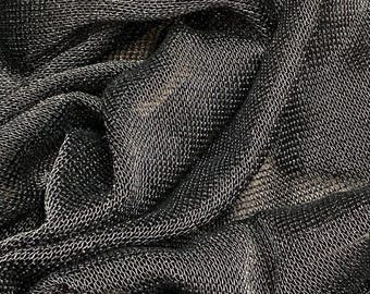 Tela elástica de malla metálica negra, elástica en dos direcciones, 152 cm de ancho, ideal para disfraces y danza.