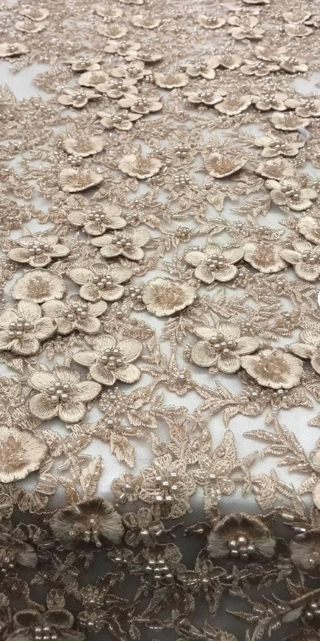 Champagne 3D Floral Beaded Lace Fabric by Yard | Pearl Sequin ...