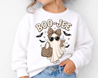 Sudadera de Halloween para niñas, camiseta de leopardo Boo Jee Ghost para niños pequeños, sudadera con capucha Coquette, conjunto de otoño para niños