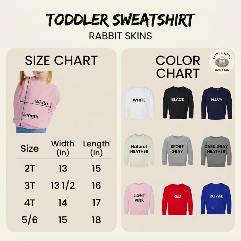Puede incluir: Una tabla de tallas y colores para sudaderas de ni&ntilde;o peque&ntilde;o de la marca Rabbit Skins. La imagen muestra una tabla de tallas con ancho y largo en pulgadas para las tallas 2T a 5/6, junto a una carta de colores con sudaderas en blanco, negro, azul marino, gris jaspeado natural, gris deportivo, gris oscuro jaspeado, rosa claro, rojo y azul real.