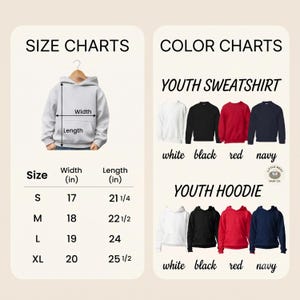 Puede incluir: Una tabla de tallas y colores para ropa juvenil que muestra una sudadera con capucha gris claro con flechas de medici&oacute;n de ancho y largo. Una tabla enumera las tallas de S a XL en pulgadas. Las opciones de color incluyen blanco, negro, rojo y azul marino.