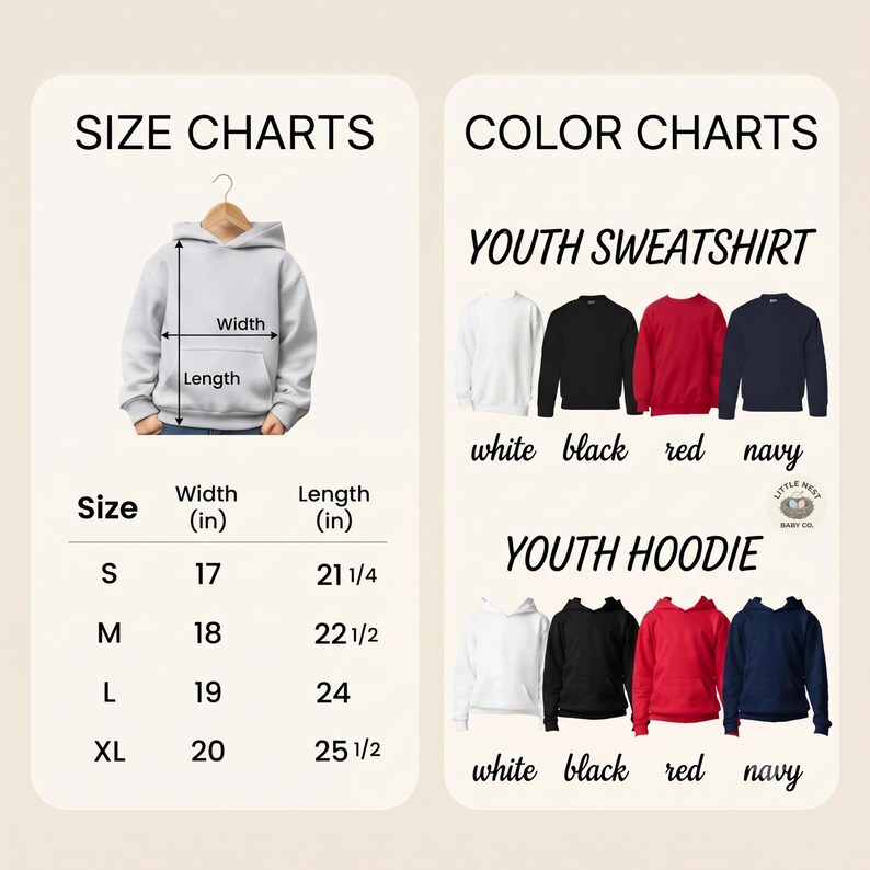 Puede incluir: Una tabla de tallas y colores para ropa juvenil que muestra una sudadera con capucha gris claro con flechas de medici&oacute;n de ancho y largo. Una tabla enumera las tallas de S a XL en pulgadas. Las opciones de color incluyen blanco, negro, rojo y azul marino.