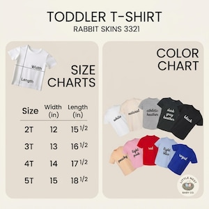Puede incluir: Una tabla de tallas y colores para camisetas de ni&ntilde;o peque&ntilde;o Rabbit Skins 3321. La tabla de tallas enumera anchos y largos en pulgadas para las tallas 2T a 5T. La carta de colores muestra camisetas en blanco, natural, gris jaspeado, gris oscuro jaspeado, negro, melocot&oacute;n, rosa claro, rojo, azul claro y azul real.