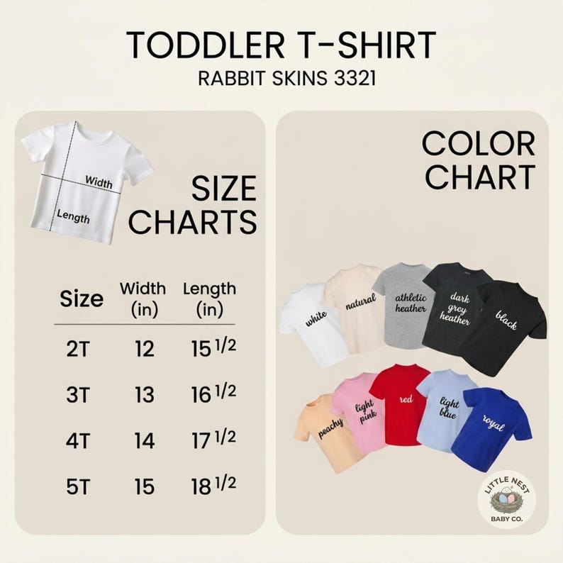 Puede incluir: Una tabla de tallas y colores para camisetas de ni&ntilde;o peque&ntilde;o Rabbit Skins 3321. La tabla de tallas enumera anchos y largos en pulgadas para las tallas 2T a 5T. La carta de colores muestra camisetas en blanco, natural, gris jaspeado, gris oscuro jaspeado, negro, melocot&oacute;n, rosa claro, rojo, azul claro y azul real.