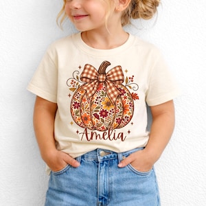 Personlig blommig pumpatröja, kokett hösttröja med rosett, Thanksgiving höstoutfit för små barn och flickor