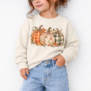 May include: A cream-colored long-sleeve sweatshirt featuring a graphic print of three pumpkins. The left pumpkin has an orange plaid pattern, the center pumpkin has a floral design with a bow, and the right pumpkin has a green and white plaid pattern.
