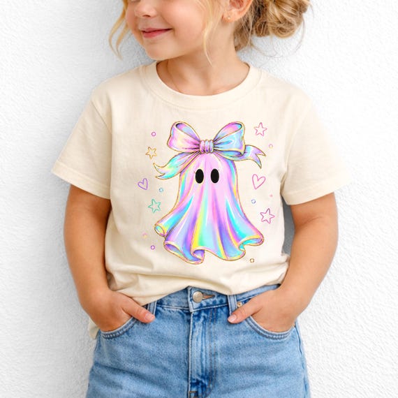 Halloween Girls Ghost Shirt, Holographic Ghost Bow Shirts  Toddler Outfit ,Little Girl Spooky Tee