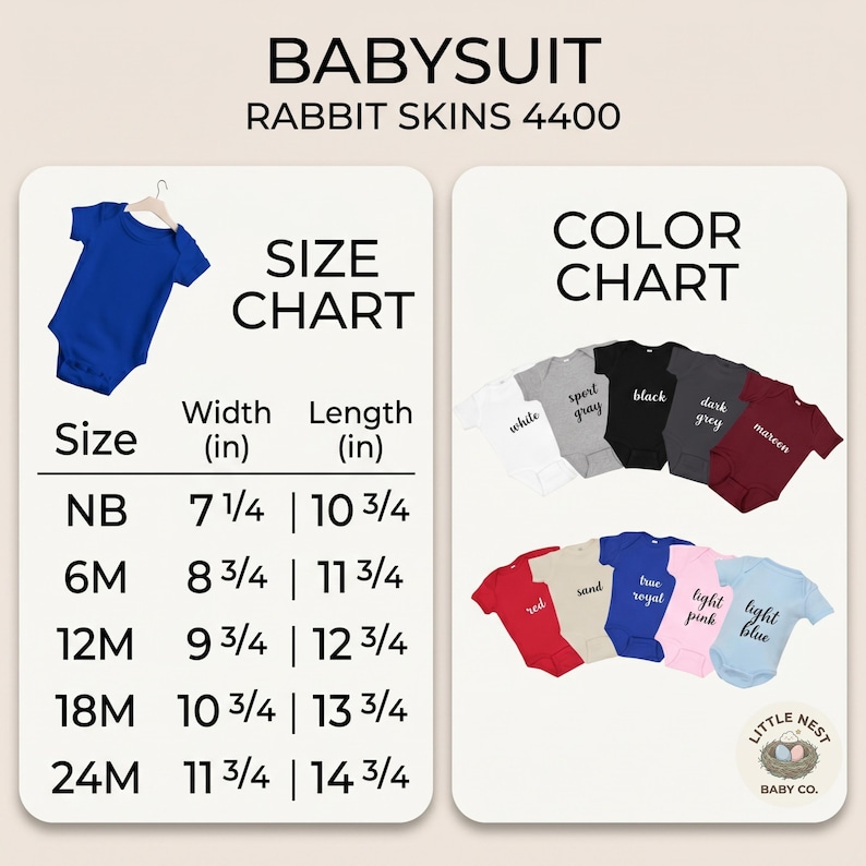 Puede incluir: Una tabla de tallas y colores para el body de beb&eacute; Rabbit Skins 4400. La tabla de tallas enumera anchos y largos en pulgadas para las tallas de NB a 24M. La carta de colores muestra diez bodies de manga corta en blanco, gris deportivo, negro, gris oscuro, granate, rojo, arena, azul real, rosa claro y azul claro.