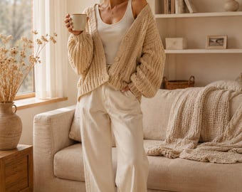 Oversized Chunky Knit Cardigan, Cozy Korean Style Sweater Coat