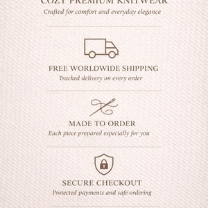 Puede incluir: Gr&aacute;fico color crema que promociona prendas de punto. Incluye iconos de hilo y agujas, un cami&oacute;n de reparto, una aguja e hilo y un candado. El texto incluye "COZY PREMIUM KNITWEAR", "FREE WORLDWIDE SHIPPING", "MADE TO ORDER", "SECURE CHECKOUT" y "SELENA'S WARDROBE".