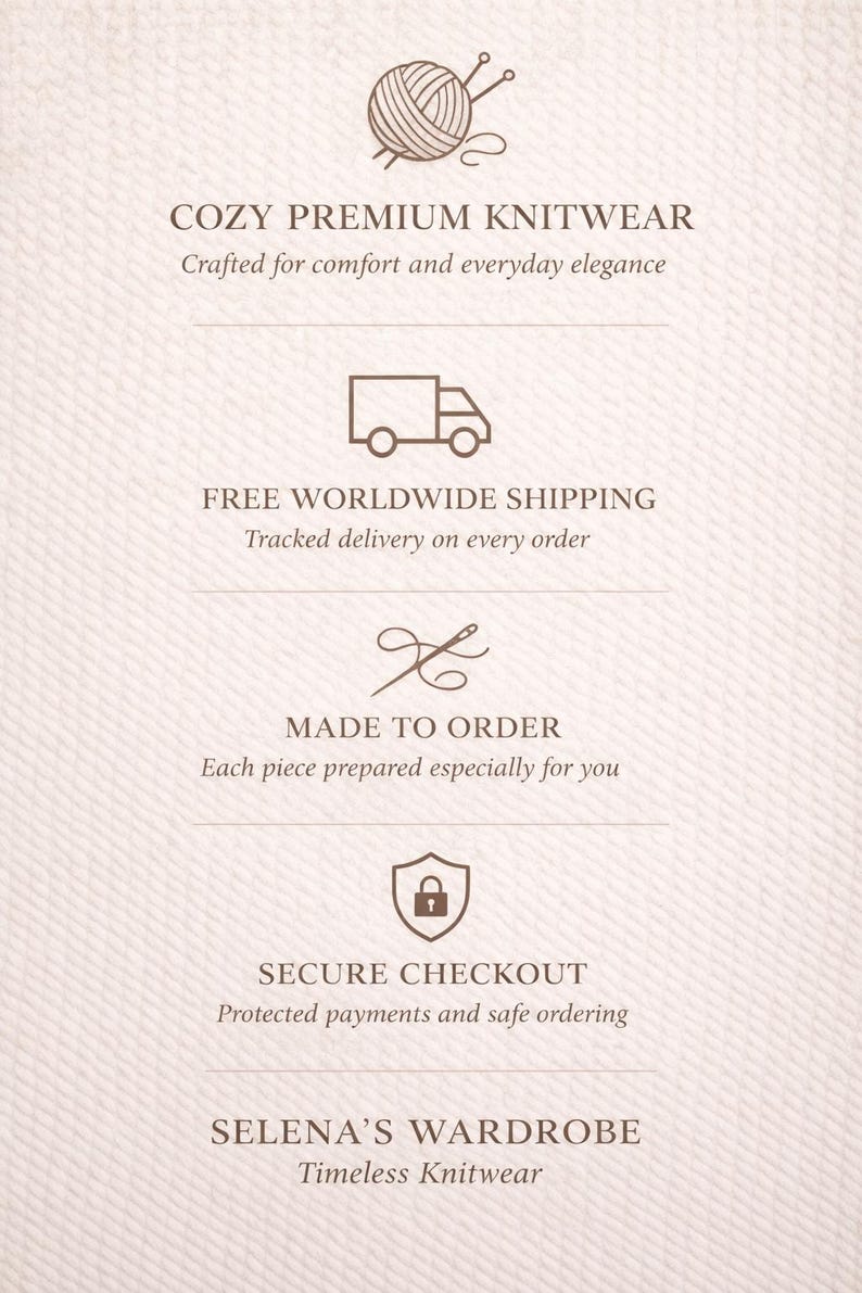 Puede incluir: Gr&aacute;fico color crema que promociona prendas de punto. Incluye iconos de hilo y agujas, un cami&oacute;n de reparto, una aguja e hilo y un candado. El texto incluye "COZY PREMIUM KNITWEAR", "FREE WORLDWIDE SHIPPING", "MADE TO ORDER", "SECURE CHECKOUT" y "SELENA'S WARDROBE".