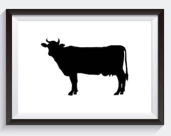 Kuh Silhouette, Digitaldruck, Schwarz-Weiß-Kunst, Galerie Wanddeko, Küchendekor, südliches Dekor, Kuh Druck, rustikale BauernhausKunst