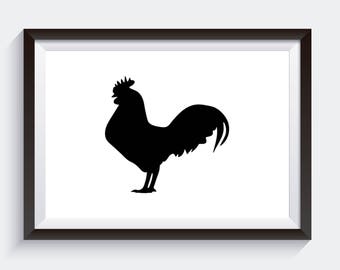 Siluetta del gallo, Stampa digitale, Arte in bianco e nero, Decorazione della parete della galleria, Decorazione della cucina, Decorazione del sud, Stampa del gallo, Arte della fattoria