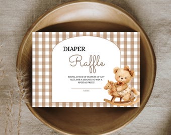 Neutraler Teddybär-Baby-Dusche-Windel-Verlosungskarte, bearbeitbare Vorlage, können wir tragen Gingham-Windel-Verlosung druckbare, Mädchen-Babyparty warten