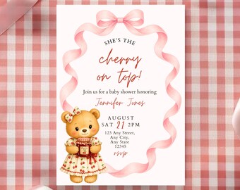 Cherry On Top Mädchen-Babyparty-Einladung, bearbeitbare Vorlage, Cherry Farmers Market Sommer Obst-Babyparty, Teddybär-Mädchen-Dusche einladen
