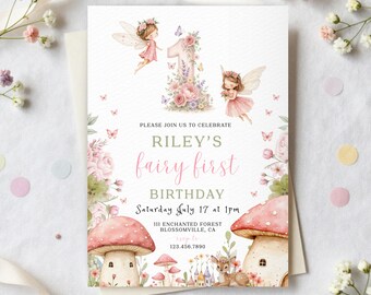Fee Erste Geburtstagseinladung, bearbeitbare Vorlage, Woodland Pink Fee 1.Geburtstag einladen, Fairy Garden Girl 1.Geburtstagsfeier einladen