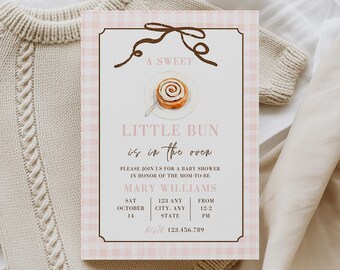 Brötchen im Ofen-Babyparty-Einladung, bearbeitbare Vorlage, Gingham-Bäckerei-Babyparty-Einladung, rosa Schleife druckbare Mädchen-Babyparty-Einladung