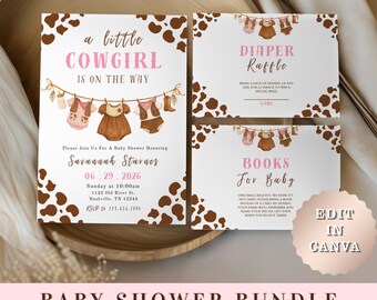Cowgirl-Babyparty-Bundle, bearbeitbare Vorlage, ein kleines Cowgirl ist unterwegs, rosa Western Rodeo Girl-Babyparty druckbares rustikales Bündel