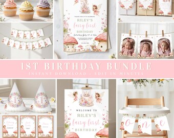 Fairy First Birthday Invitation Bundle, Editable Pink Fairy 1st Birthday Bundle, Girl 1st Birthday Party Decor, Fairy Garden Party Package