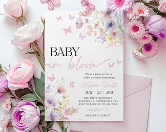 Baby in Bloom-Babyparty-Einladung, bearbeitbare Vorlage, Schmetterling-Wildblumen-Dusche einladen, rosa Blumenmädchen-Babyparty-Einladung zum Ausdrucken
