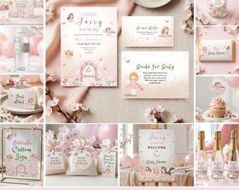 Waldfee-Babyparty-Bundle, bearbeitbare Vorlage, Pink Girl Babyparty druckbar, Schmetterling Blumendusche Spiele & Dekor, Windel-Verlosung