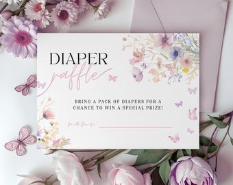 Baby in Bloom Windel-Verlosungskarte. Bearbeitbare Vorlage, Wildblumen-Babyparty-Windel-Verlosungskarte, Frühlings-Schmetterlings-Mädchen-Babyparty bedruckbar