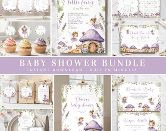 Waldfee-Babyparty-Einladungspaket, bearbeitbare Vorlage, Lila Fee-Babyparty-Einladungspaket, verzauberter Waldfeengarten zum Ausdrucken