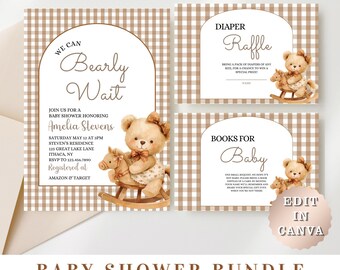 Neutrales Teddybär-Babyparty-Bundle, bearbeitbare Vorlage, Wir können Bären warten, Gingham-Einladungsreihe, Windelraffle, Bücher für Baby