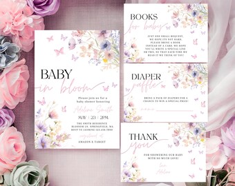 Baby in Bloom Babyparty Einladung Bundle, bearbeitbare Vorlage, Wildblumen Schmetterling Baby Shower bedruckbar, Blumen Frühlings Mädchen Shower Bundle