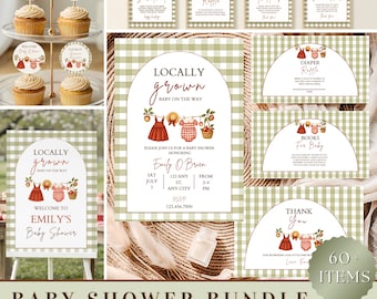 Lokal gewachsenes Babypartybündel, bearbeitbare Vorlage, Bauernmarkt-Einladungsbündel, Gingham druckbare Duschspiele, lokal gewachsenes Dekor