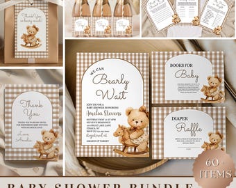 Teddybär Neutral-Babyparty-Bundle, bearbeitbare Vorlage, Gingham Wir können Bären warten, druckbare Babypartyeinladung, Duschspiele & Dekor
