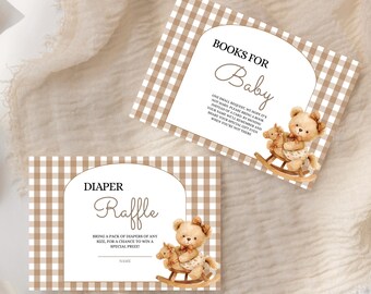 Neutrales Teddybär-Babyparty-Bundle, bearbeitbare Vorlage, Wir können Bären-Warte tragen, Gingham-Windel-Verlosungskarte & Bücher für, Mädchen-Dusche druckbar
