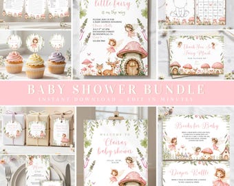 Waldfee-Babyparty-Einladungspaket, bearbeitbare Vorlage, rosa Fee-Babyparty-Einladungspaket, verzauberter Waldfeengarten zum Ausdrucken