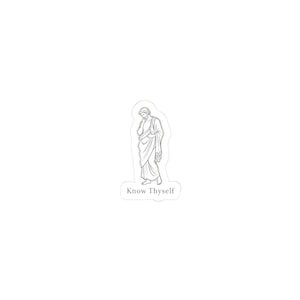 May include: A white sticker featuring a black line drawing of a classical figure in a toga, with the text "Know Thyself" in a serif font below the figure. The figure is depicted with a thoughtful expression, hand to chin.